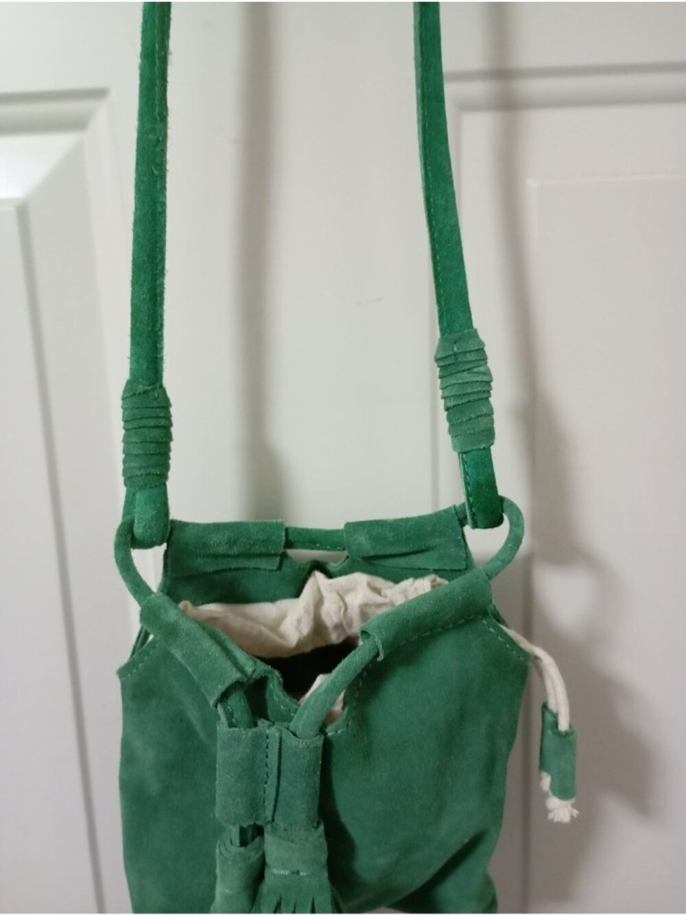 Zara Trafaluc Green Suede Fringe Crossbody Bag Cotton-Linen Drawstring Lining - Picture 8 of 11
